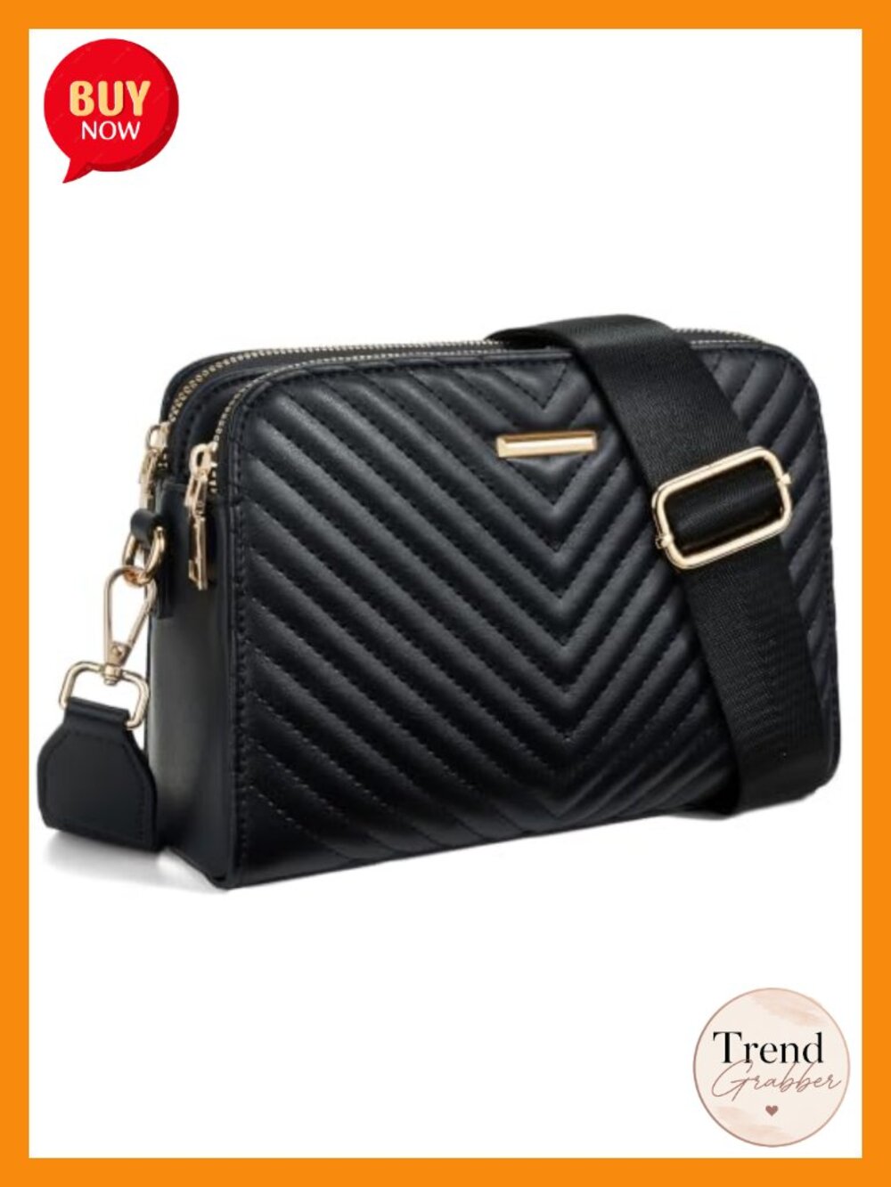 Quilted Faux Leather Crossbody Purse Wide Strap 3 Compartments